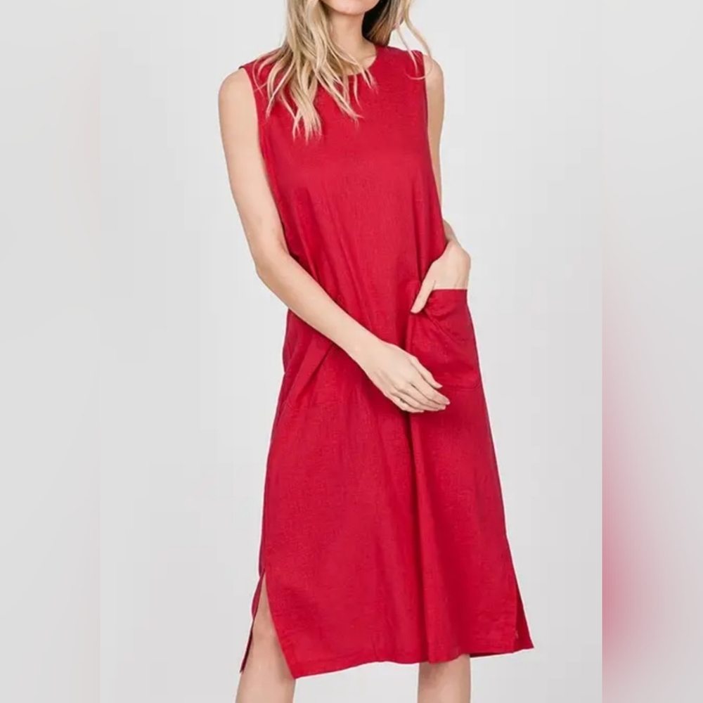 #36 🛑M,L Linen Blend Front Pockets Sleeveless Midi